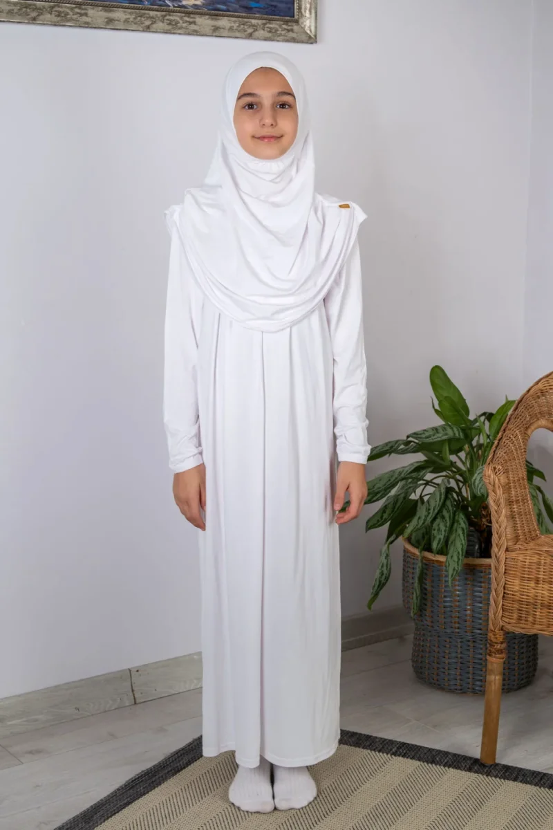 Pratik Başörtülü Tek Parça Çocuk Namaz Elbisesi 8-12 Yaş - Beyaz - 1