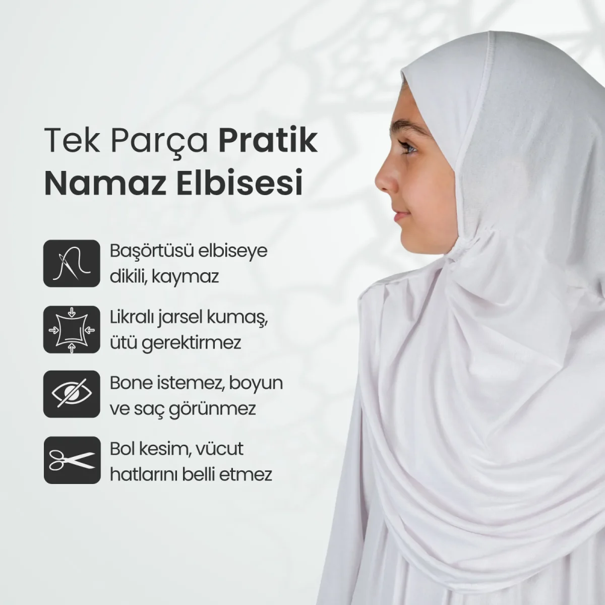 Pratik Başörtülü Tek Parça Çocuk Namaz Elbisesi 8-12 Yaş - Beyaz - 4