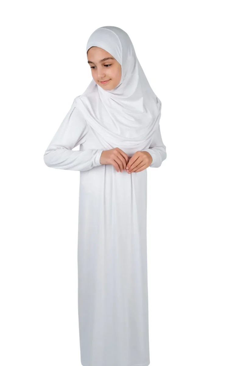 Pratik Başörtülü Tek Parça Çocuk Namaz Elbisesi 8-12 Yaş - Beyaz - 5