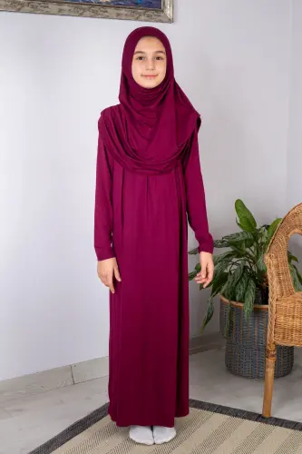 Pratik Başörtülü Tek Parça Çocuk Namaz Elbisesi 8-12 Yaş - Bordo 