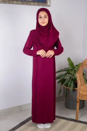 Pratik Başörtülü Tek Parça Çocuk Namaz Elbisesi 8-12 Yaş - Bordo - ihvanonline (1)