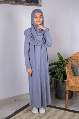 Pratik Başörtülü Tek Parça Çocuk Namaz Elbisesi 8-12 Yaş - Gri 
