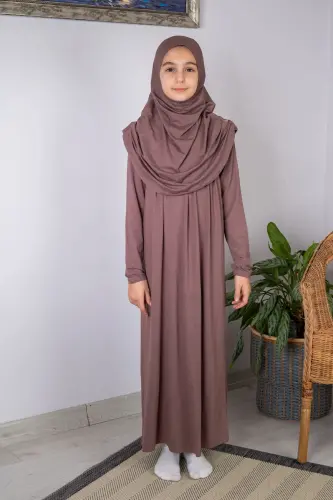 Pratik Başörtülü Tek Parça Çocuk Namaz Elbisesi 8-12 Yaş - Kahve 