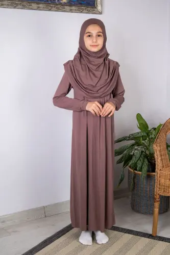 Pratik Başörtülü Tek Parça Çocuk Namaz Elbisesi 8-12 Yaş - Kahve - ihvanonline (1)