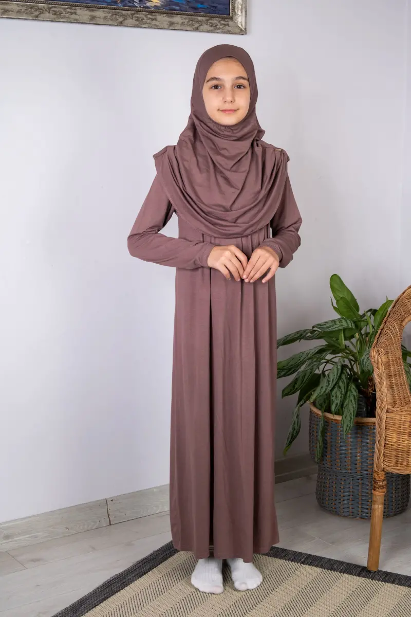 Pratik Başörtülü Tek Parça Çocuk Namaz Elbisesi 8-12 Yaş - Kahve - 2