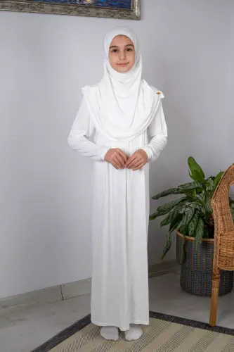 Pratik Başörtülü Tek Parça Çocuk Namaz Elbisesi 8-12 Yaş - Krem - ihvanonline (1)