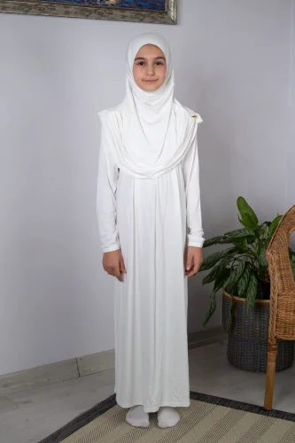 Pratik Başörtülü Tek Parça Çocuk Namaz Elbisesi 8-12 Yaş - Krem 