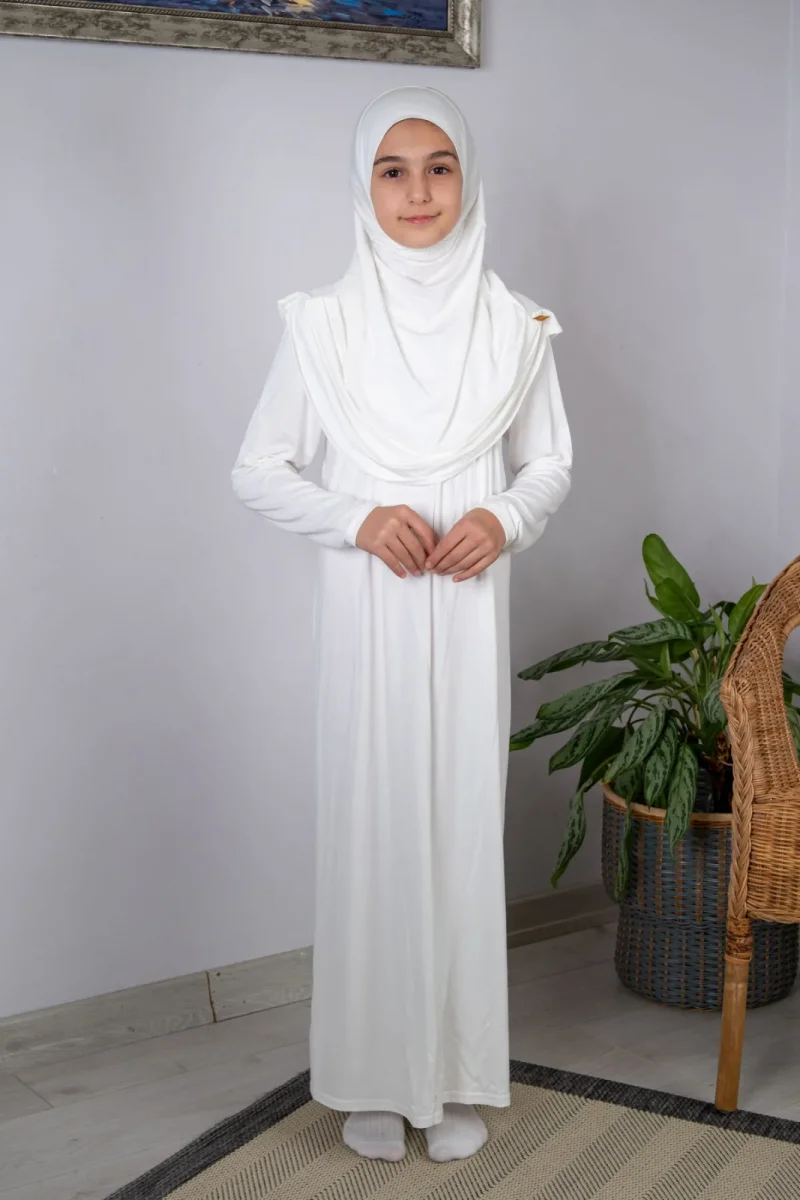 Pratik Başörtülü Tek Parça Çocuk Namaz Elbisesi 8-12 Yaş - Krem - 2