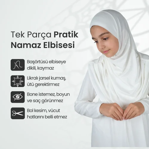 Pratik Başörtülü Tek Parça Çocuk Namaz Elbisesi 8-12 Yaş - Krem - 4