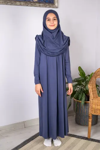 Pratik Başörtülü Tek Parça Çocuk Namaz Elbisesi 8-12 Yaş - Lacivert 