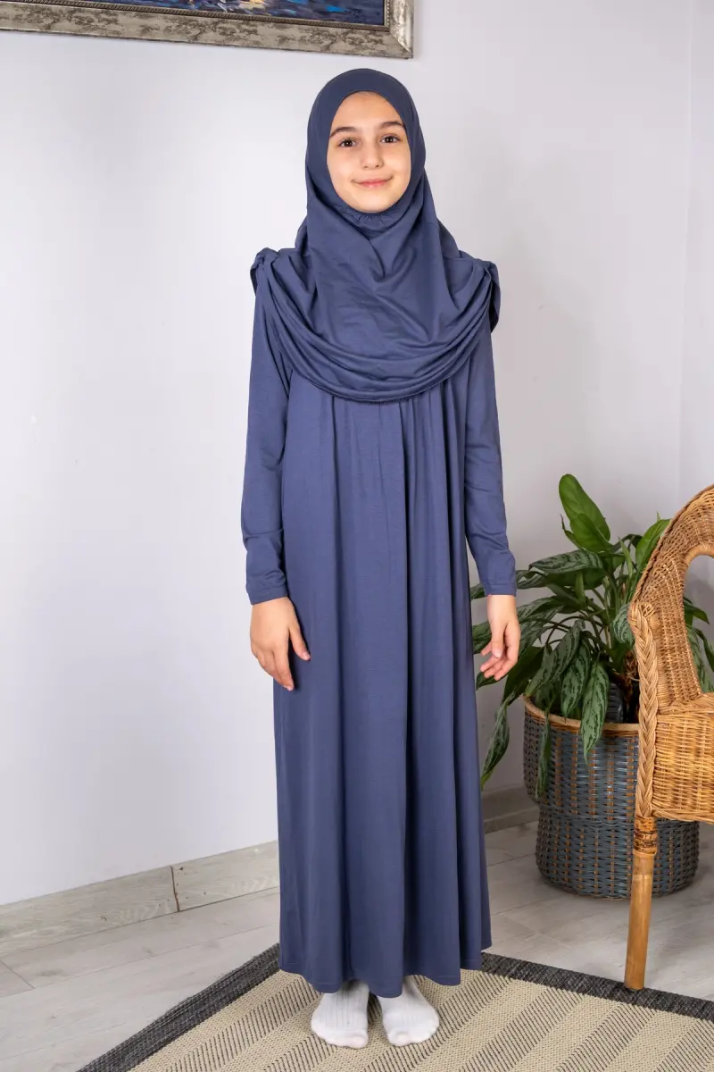 Pratik Başörtülü Tek Parça Çocuk Namaz Elbisesi 8-12 Yaş - Lacivert - 1