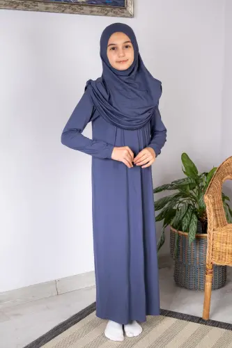 Pratik Başörtülü Tek Parça Çocuk Namaz Elbisesi 8-12 Yaş - Lacivert - ihvanonline (1)