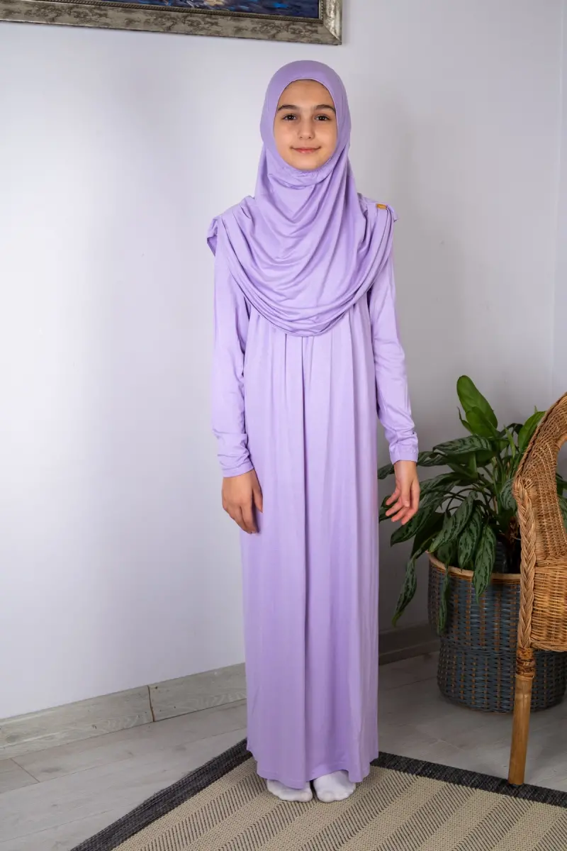 Pratik Başörtülü Tek Parça Çocuk Namaz Elbisesi 8-12 Yaş - Lila - 1