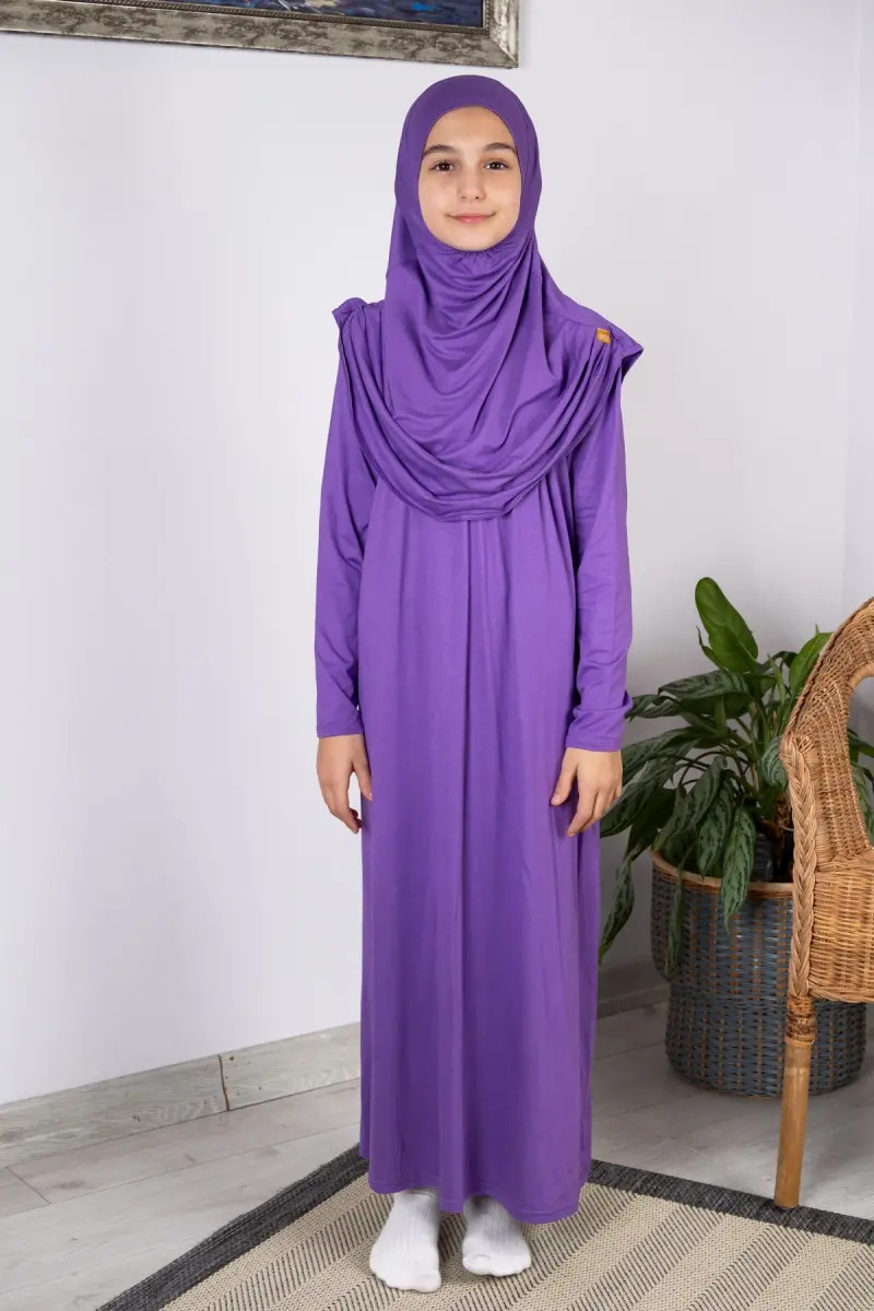 Pratik Başörtülü Tek Parça Çocuk Namaz Elbisesi 8-12 Yaş - Mor - 1
