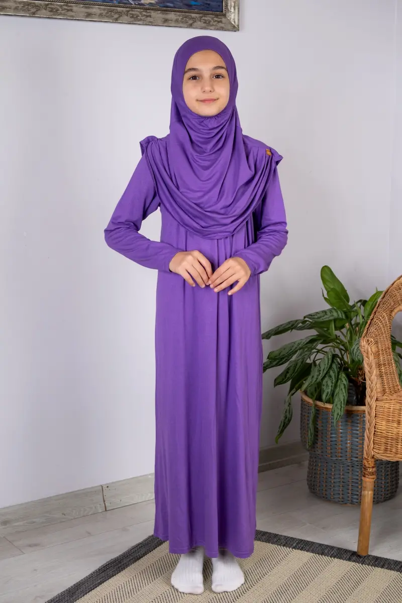 Pratik Başörtülü Tek Parça Çocuk Namaz Elbisesi 8-12 Yaş - Mor - 2