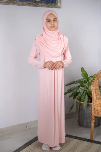 Pratik Başörtülü Tek Parça Çocuk Namaz Elbisesi 8-12 Yaş - Pudra - ihvanonline (1)