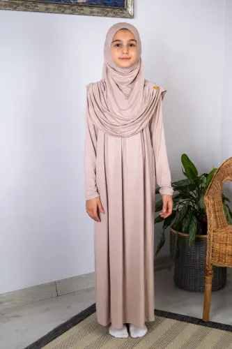 Pratik Başörtülü Tek Parça Çocuk Namaz Elbisesi 8-12 Yaş - Bej 