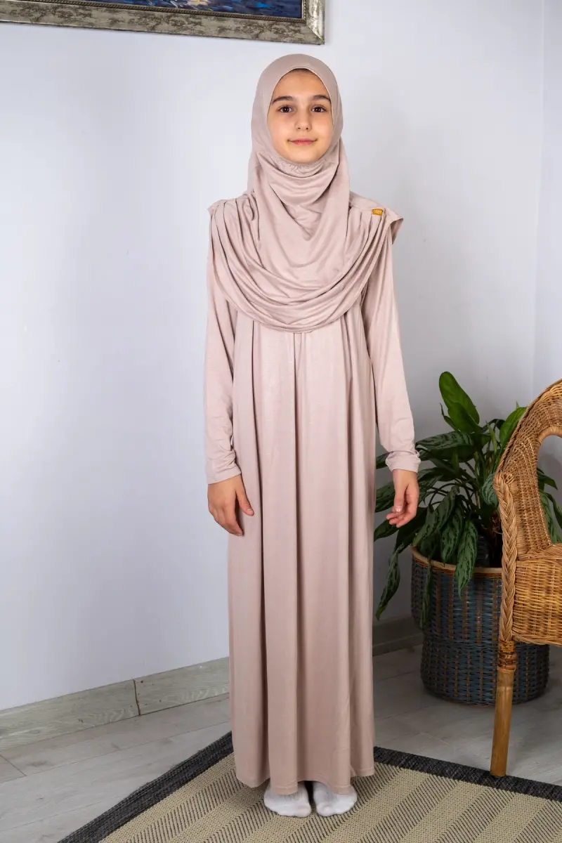 Pratik Başörtülü Tek Parça Çocuk Namaz Elbisesi 8-12 Yaş - Bej - 1
