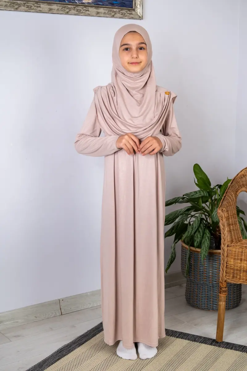 Pratik Başörtülü Tek Parça Çocuk Namaz Elbisesi 8-12 Yaş - Bej - 2