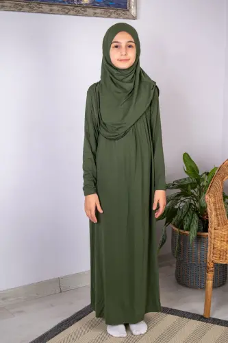 Pratik Başörtülü Tek Parça Çocuk Namaz Elbisesi 8-12 Yaş - Yeşil 