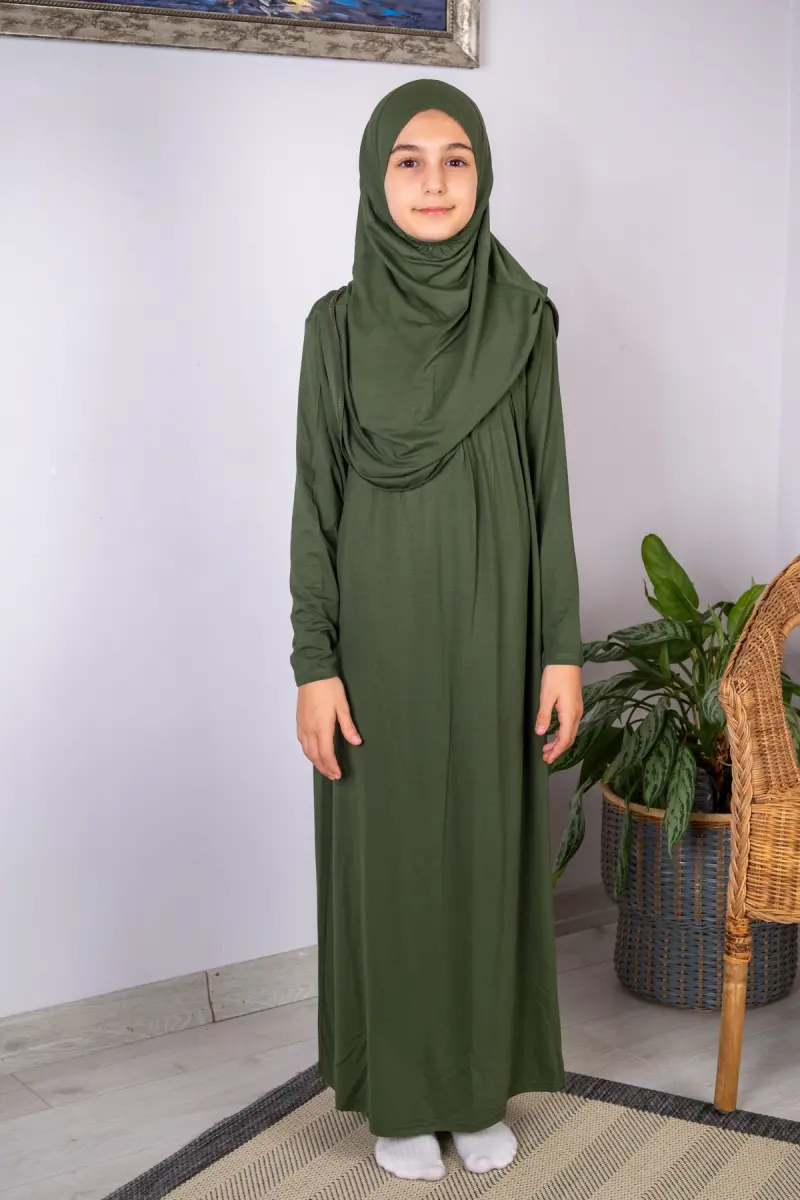 Pratik Başörtülü Tek Parça Çocuk Namaz Elbisesi 8-12 Yaş - Yeşil - 1