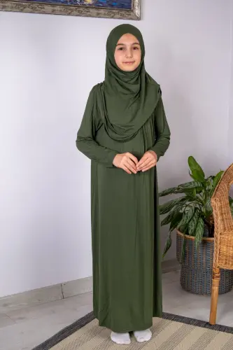 Pratik Başörtülü Tek Parça Çocuk Namaz Elbisesi 8-12 Yaş - Yeşil - ihvanonline (1)