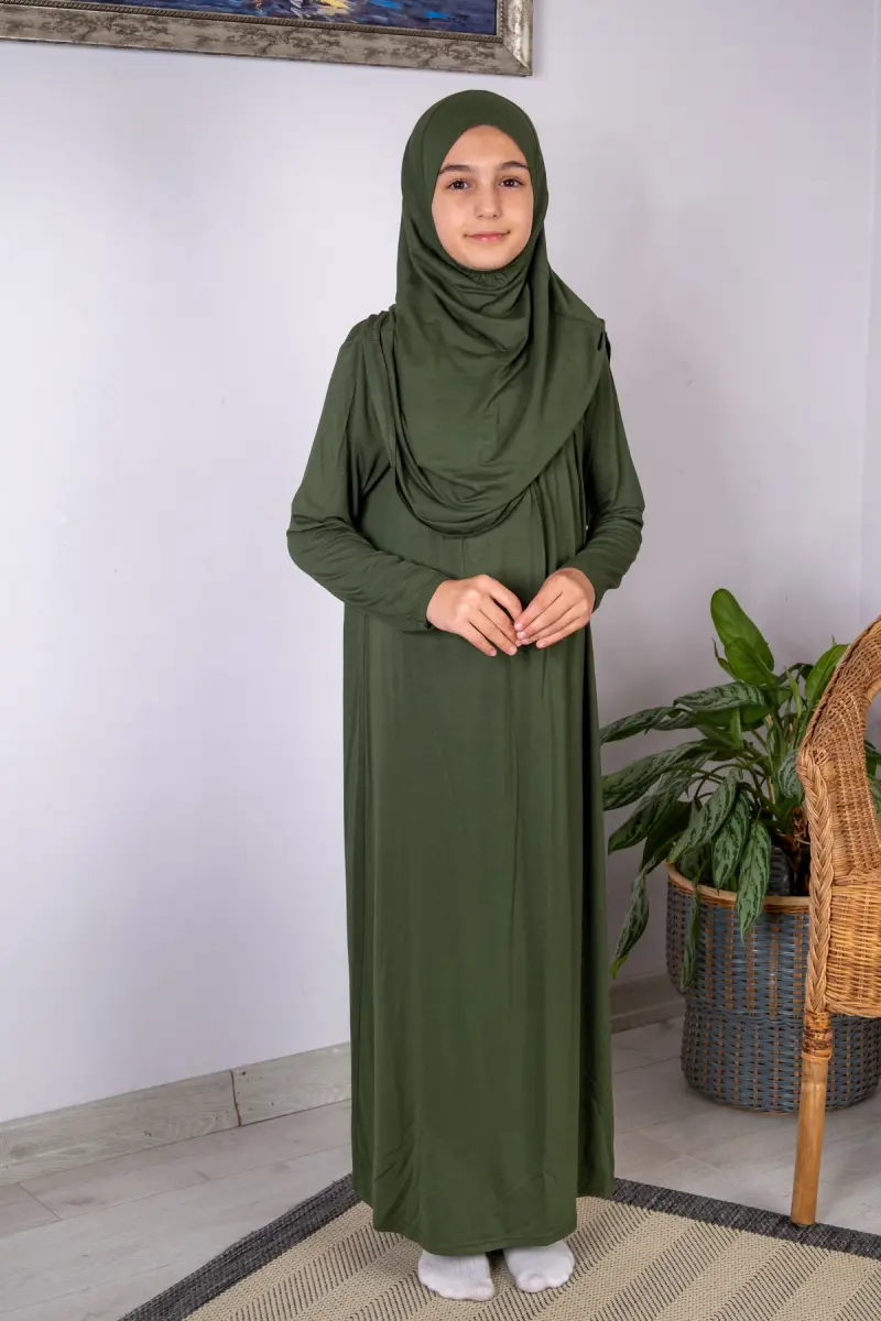 Pratik Başörtülü Tek Parça Çocuk Namaz Elbisesi 8-12 Yaş - Yeşil - 2
