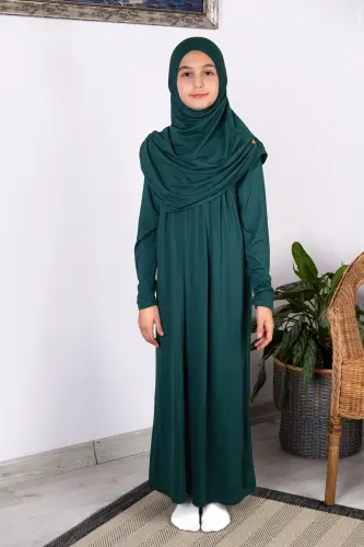 Pratik Başörtülü Tek Parça Çocuk Namaz Elbisesi 8-12 Yaş - Zümrüt Yeşili - ihvanonline (1)