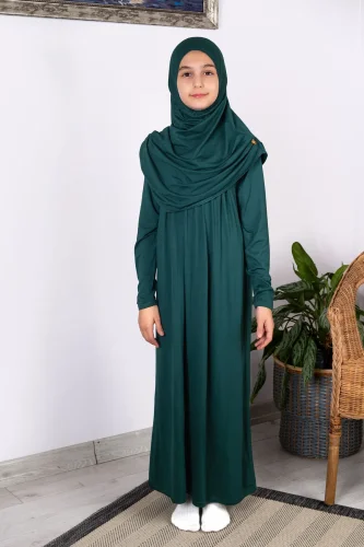 Pratik Başörtülü Tek Parça Çocuk Namaz Elbisesi 8-12 Yaş - Zümrüt Yeşili 