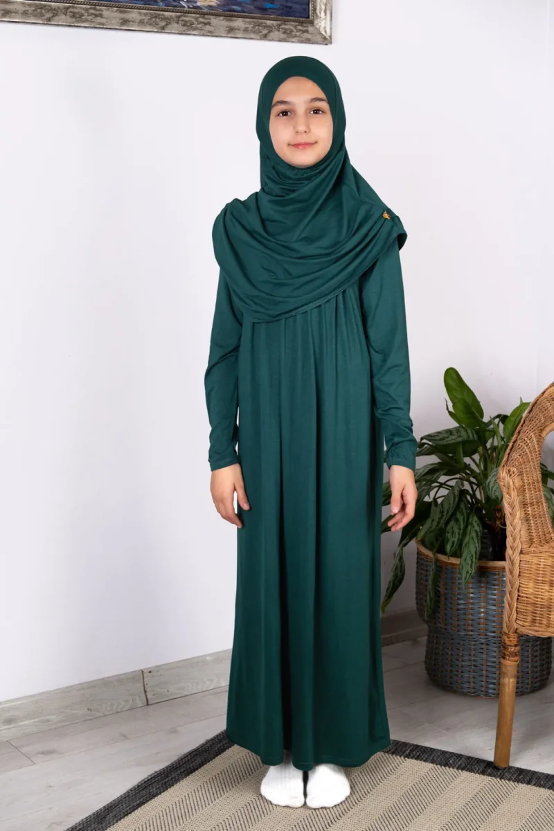 Pratik Başörtülü Tek Parça Çocuk Namaz Elbisesi 8-12 Yaş - Zümrüt Yeşili - 1