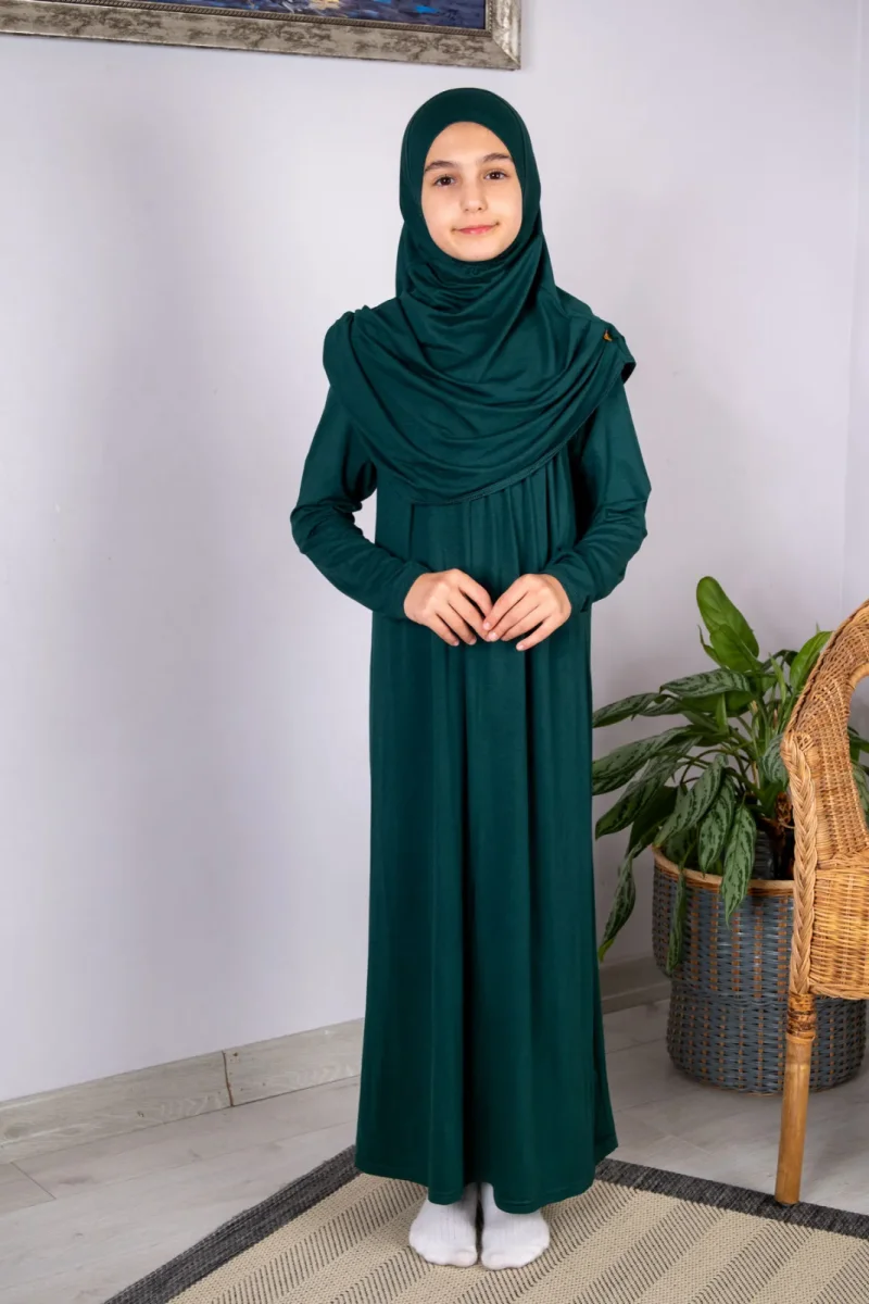 Pratik Başörtülü Tek Parça Çocuk Namaz Elbisesi 8-12 Yaş - Zümrüt Yeşili - 2