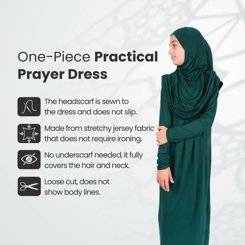 Pratik Başörtülü Tek Parça Çocuk Namaz Elbisesi 8-12 Yaş - Zümrüt Yeşili - 4