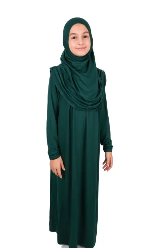 Pratik Başörtülü Tek Parça Çocuk Namaz Elbisesi 8-12 Yaş - Zümrüt Yeşili - 5