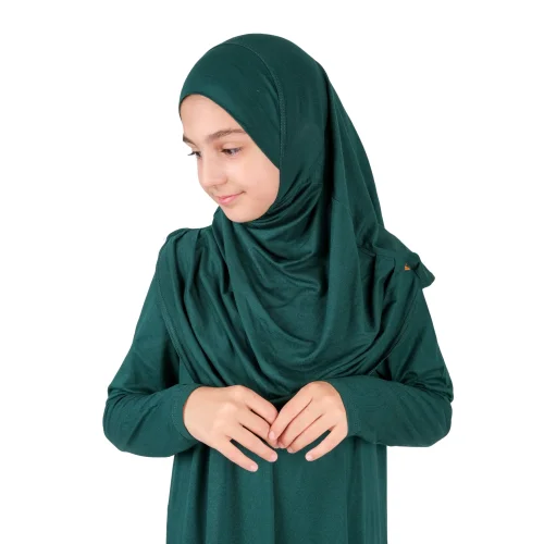Pratik Başörtülü Tek Parça Çocuk Namaz Elbisesi 8-12 Yaş - Zümrüt Yeşili - 6
