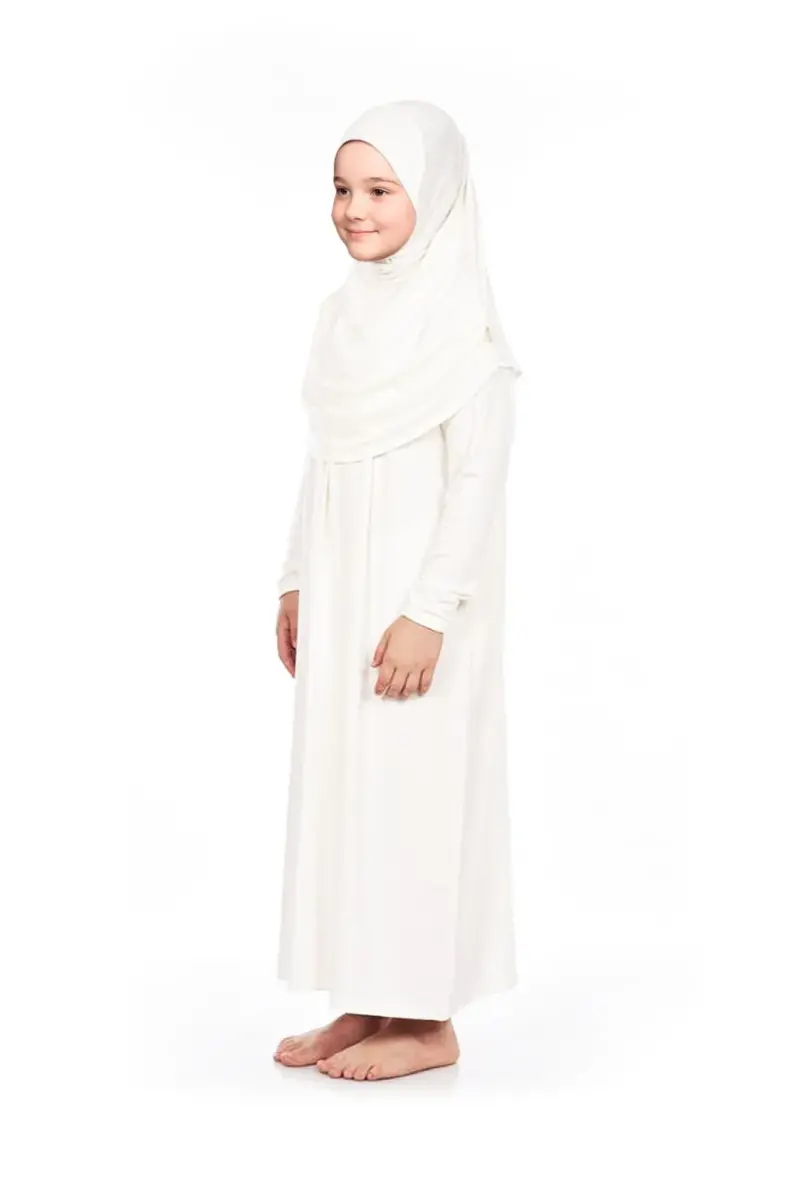 Pratik Başörtülü Tek Parça Kız Çocuk Namaz Elbisesi 9-11 Yaş Beyaz - 1