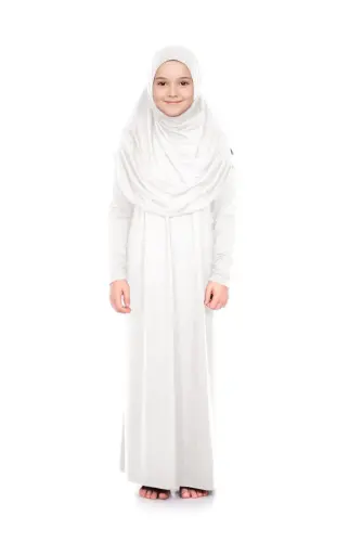 Pratik Başörtülü Tek Parça Kız Çocuk Namaz Elbisesi 9-11 Yaş Beyaz - 3