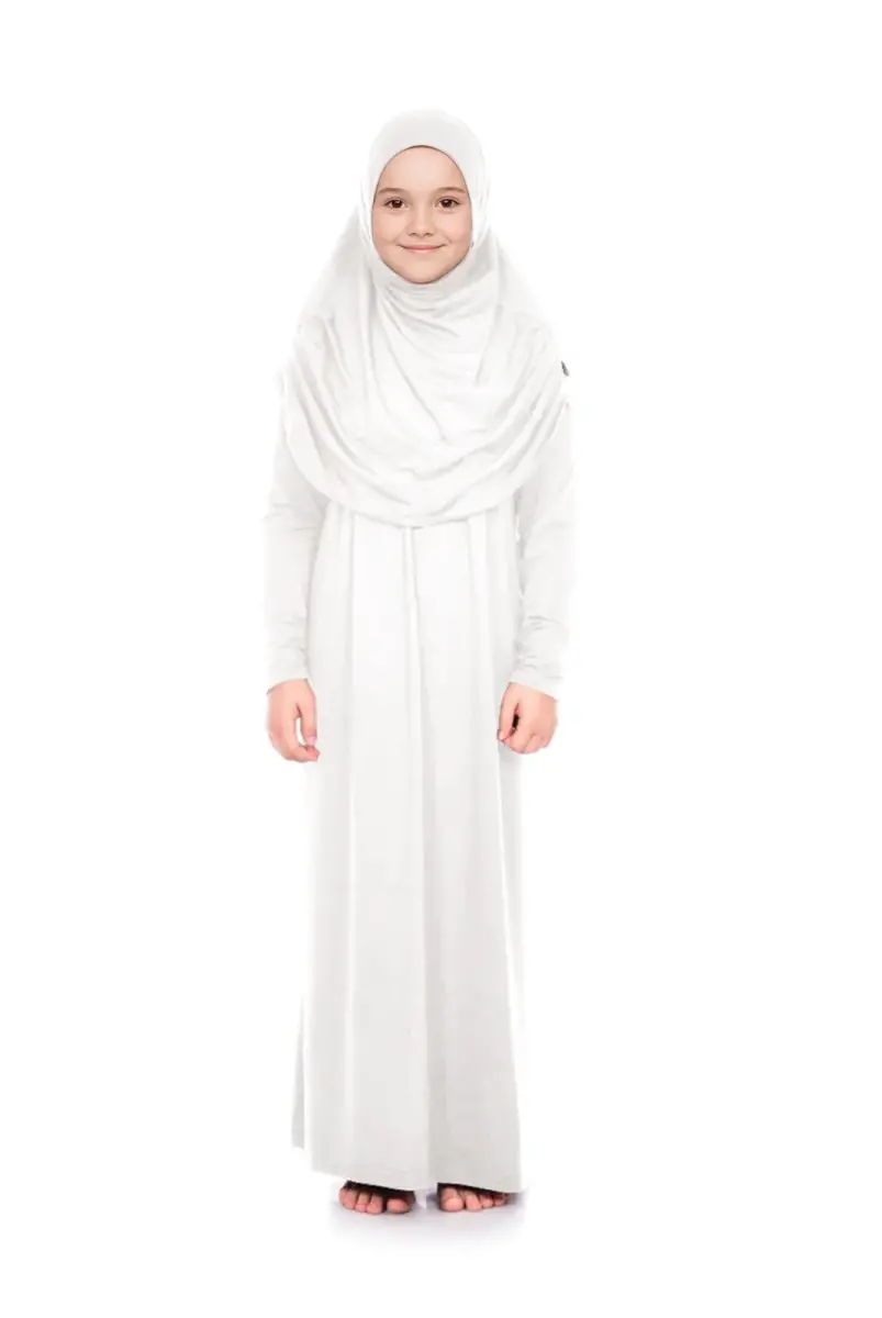 Pratik Başörtülü Tek Parça Kız Çocuk Namaz Elbisesi 9-11 Yaş Beyaz - 3