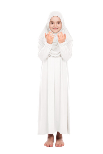 Pratik Başörtülü Tek Parça Kız Çocuk Namaz Elbisesi 9-11 Yaş Beyaz - 2