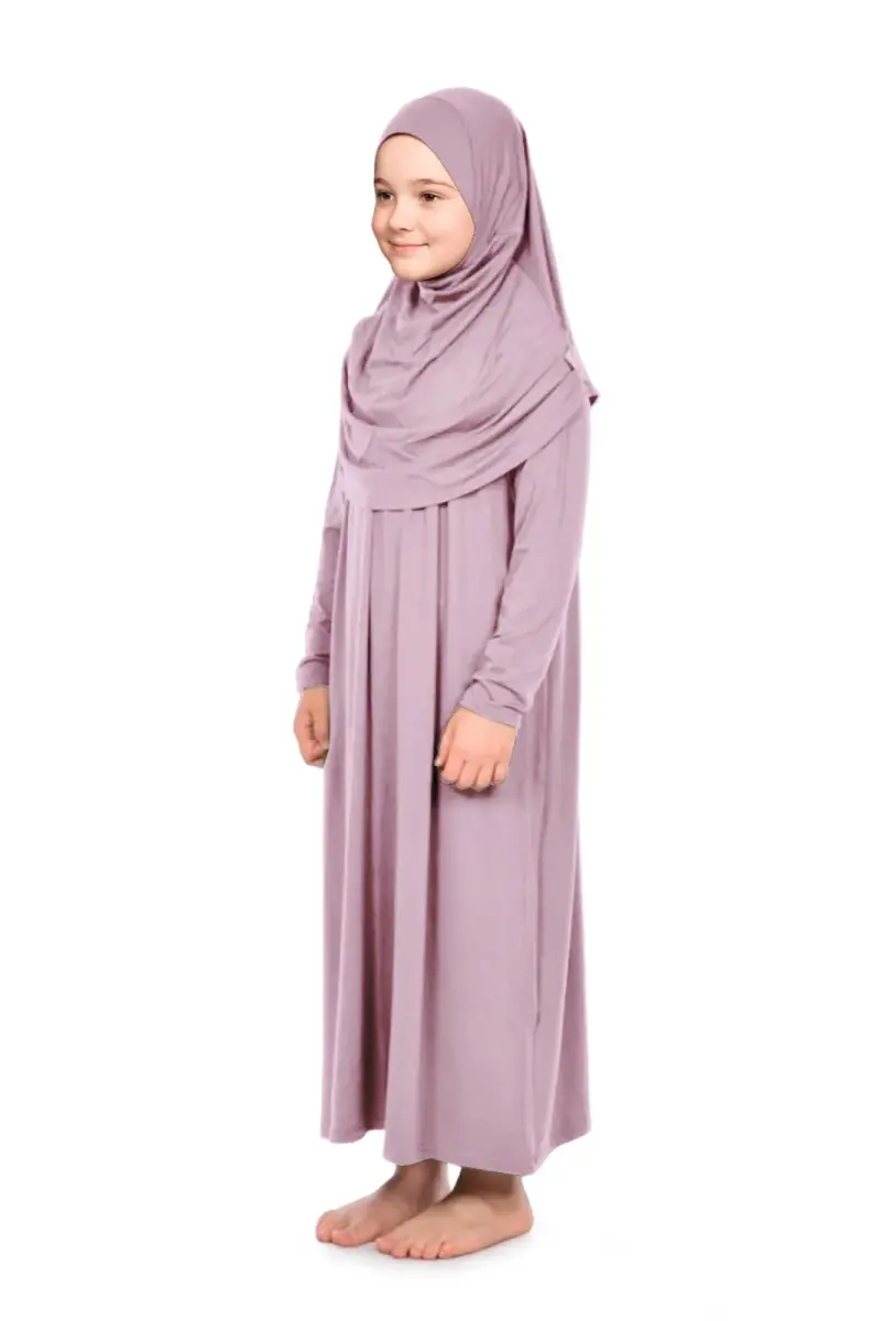 Pratik Başörtülü Tek Parça Kız Çocuk Namaz Elbisesi 9-11 Yaş Gül Kurusu - 2