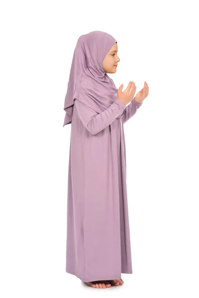 Pratik Başörtülü Tek Parça Kız Çocuk Namaz Elbisesi 9-11 Yaş Gül Kurusu - 3