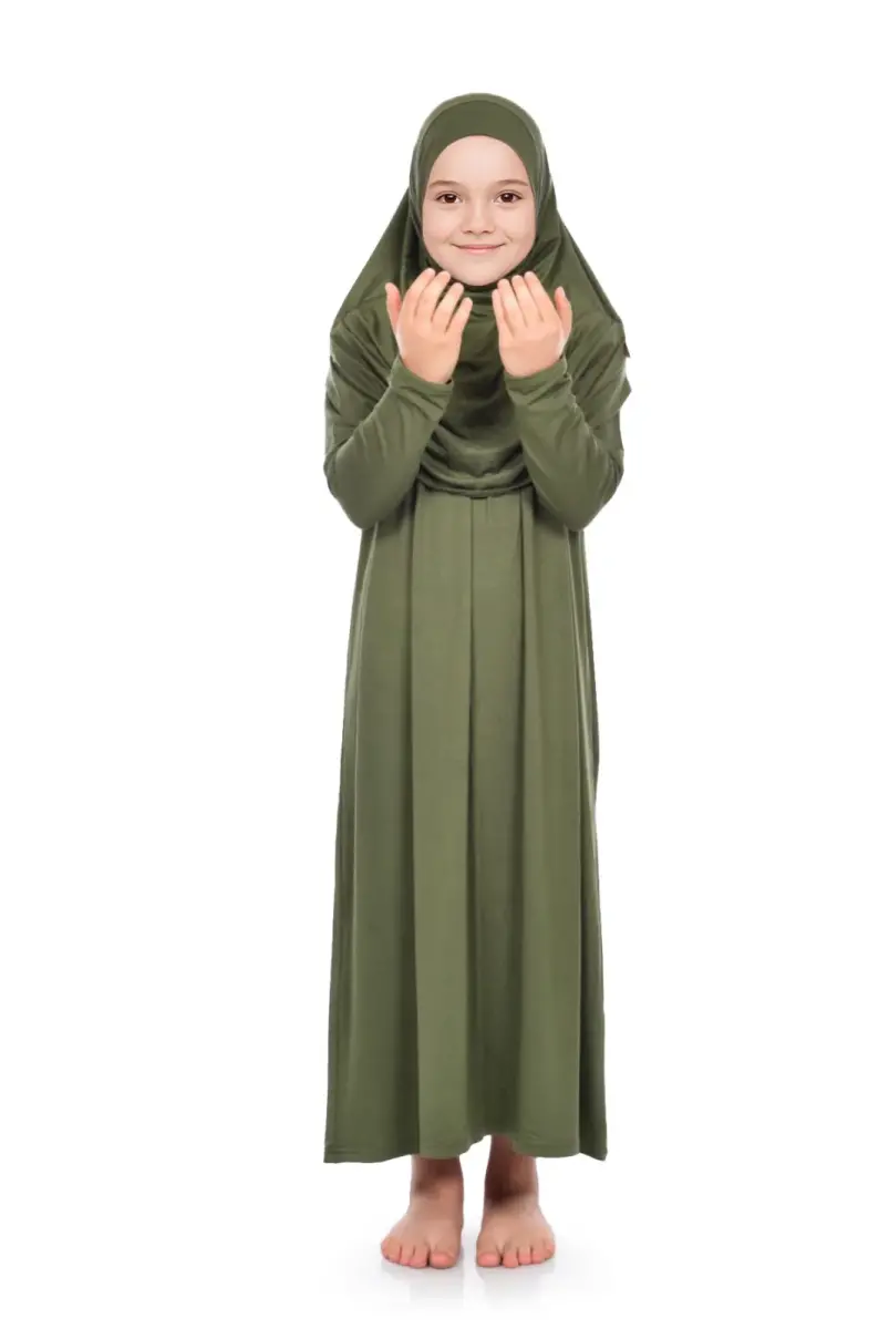 Pratik Başörtülü Tek Parça Kız Çocuk Namaz Elbisesi 9-11 Yaş Haki - 2
