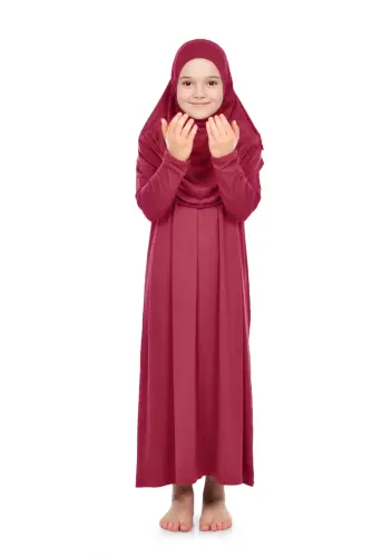 Pratik Başörtülü Tek Parça Kız Çocuk Namaz Elbisesi 9-11 Yaş Kırmızı - 1