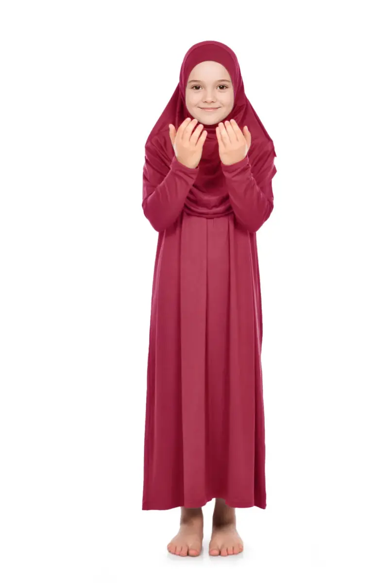 Pratik Başörtülü Tek Parça Kız Çocuk Namaz Elbisesi 9-11 Yaş Kırmızı - 1
