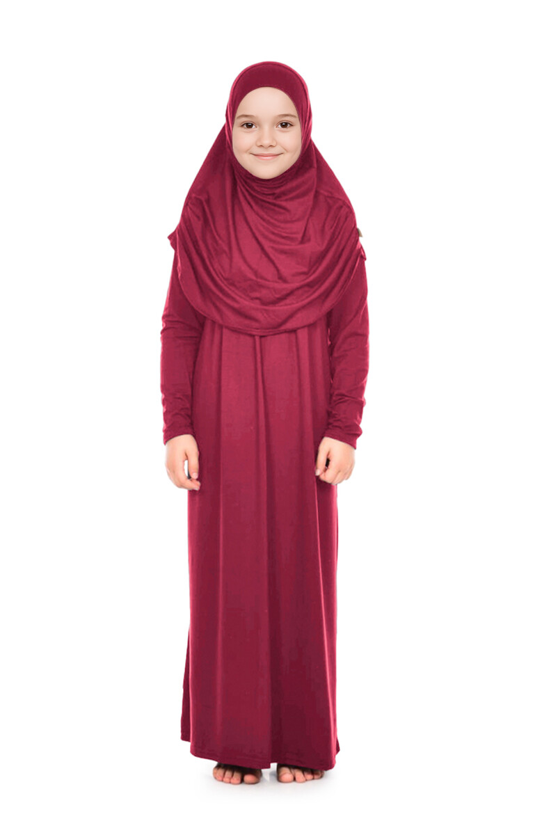 Pratik Başörtülü Tek Parça Kız Çocuk Namaz Elbisesi 9-11 Yaş Kırmızı - 3