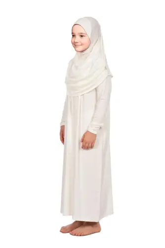Pratik Başörtülü Tek Parça Kız Çocuk Namaz Elbisesi 9-11 Yaş Krem - 1