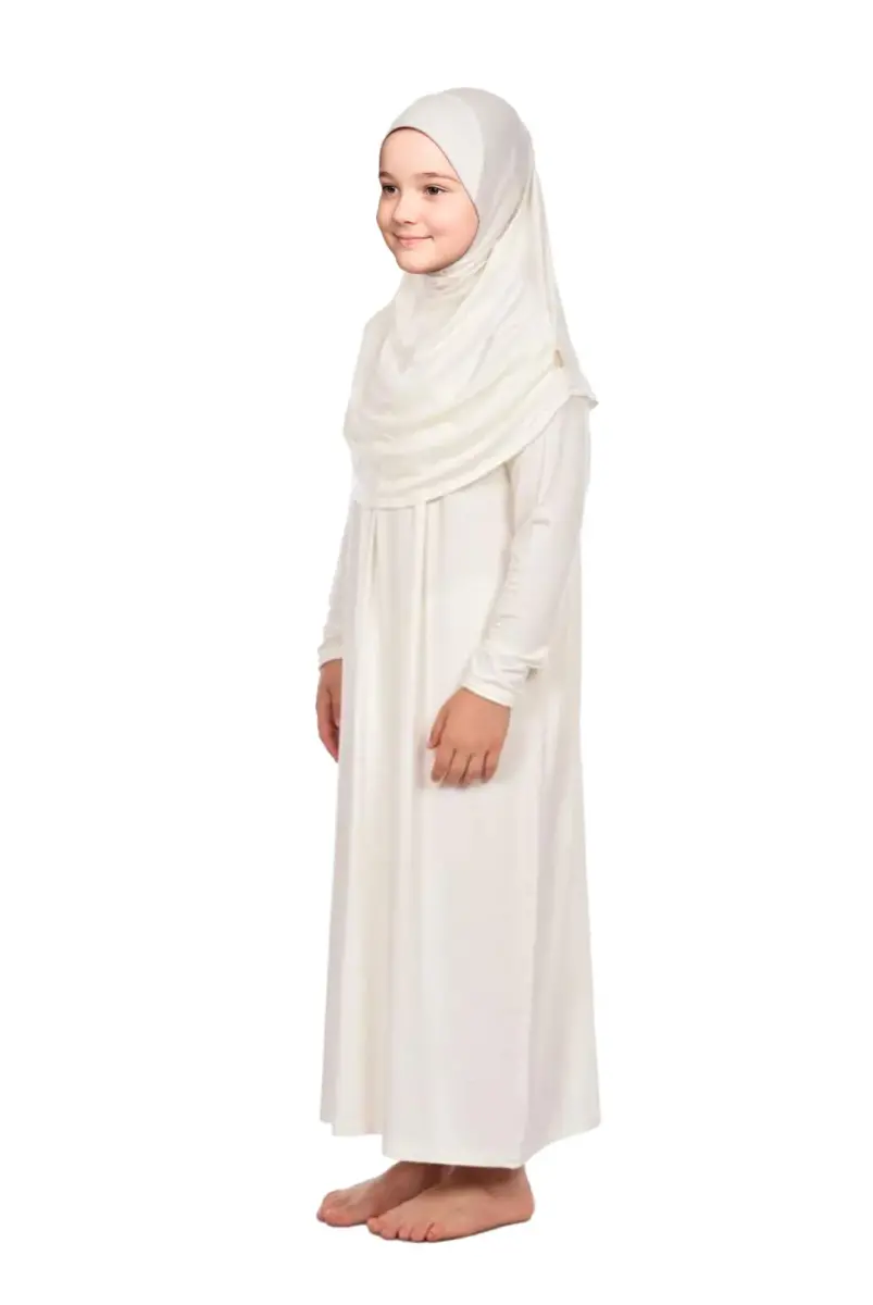 Pratik Başörtülü Tek Parça Kız Çocuk Namaz Elbisesi 9-11 Yaş Krem - 1