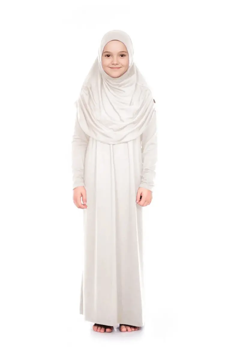 Pratik Başörtülü Tek Parça Kız Çocuk Namaz Elbisesi 9-11 Yaş Krem - 3