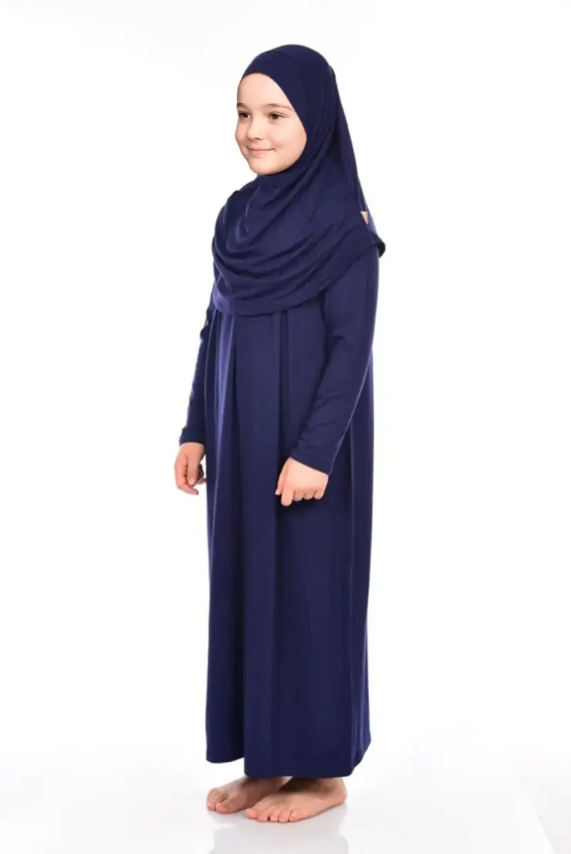 Pratik Başörtülü Tek Parça Kız Çocuk Namaz Elbisesi 9-11 Yaş Lacivert - 3
