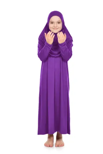 Pratik Başörtülü Tek Parça Kız Çocuk Namaz Elbisesi 9-11 Yaş Mor - 3