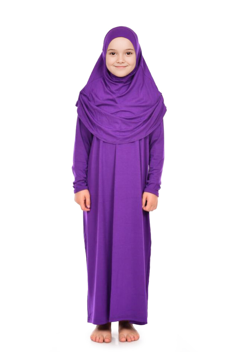 Pratik Başörtülü Tek Parça Kız Çocuk Namaz Elbisesi 9-11 Yaş Mor - 1